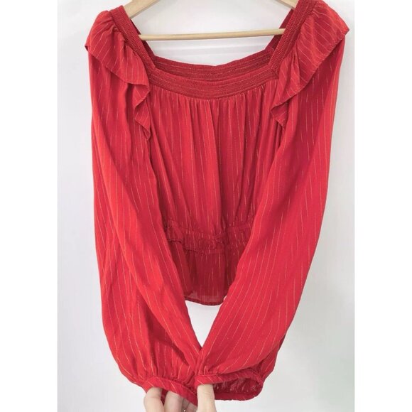Universal Thread Red Gold Pin Striped Balloon Slv Ruffle Blouse Boho Peasant XL‎ - Picture 4 of 10